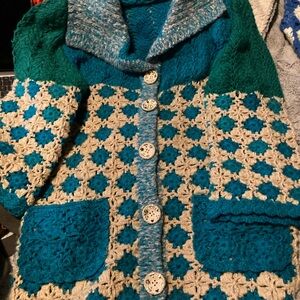 vintage Handmade Teal and Cream Crochet Sweater jacket